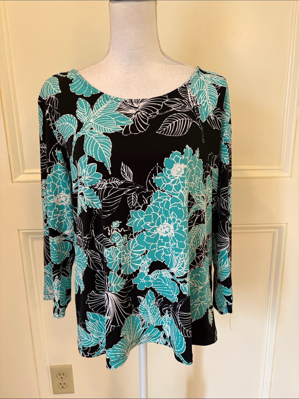 Ruby Rd. Black and Teal Floral Long Sleeve Top